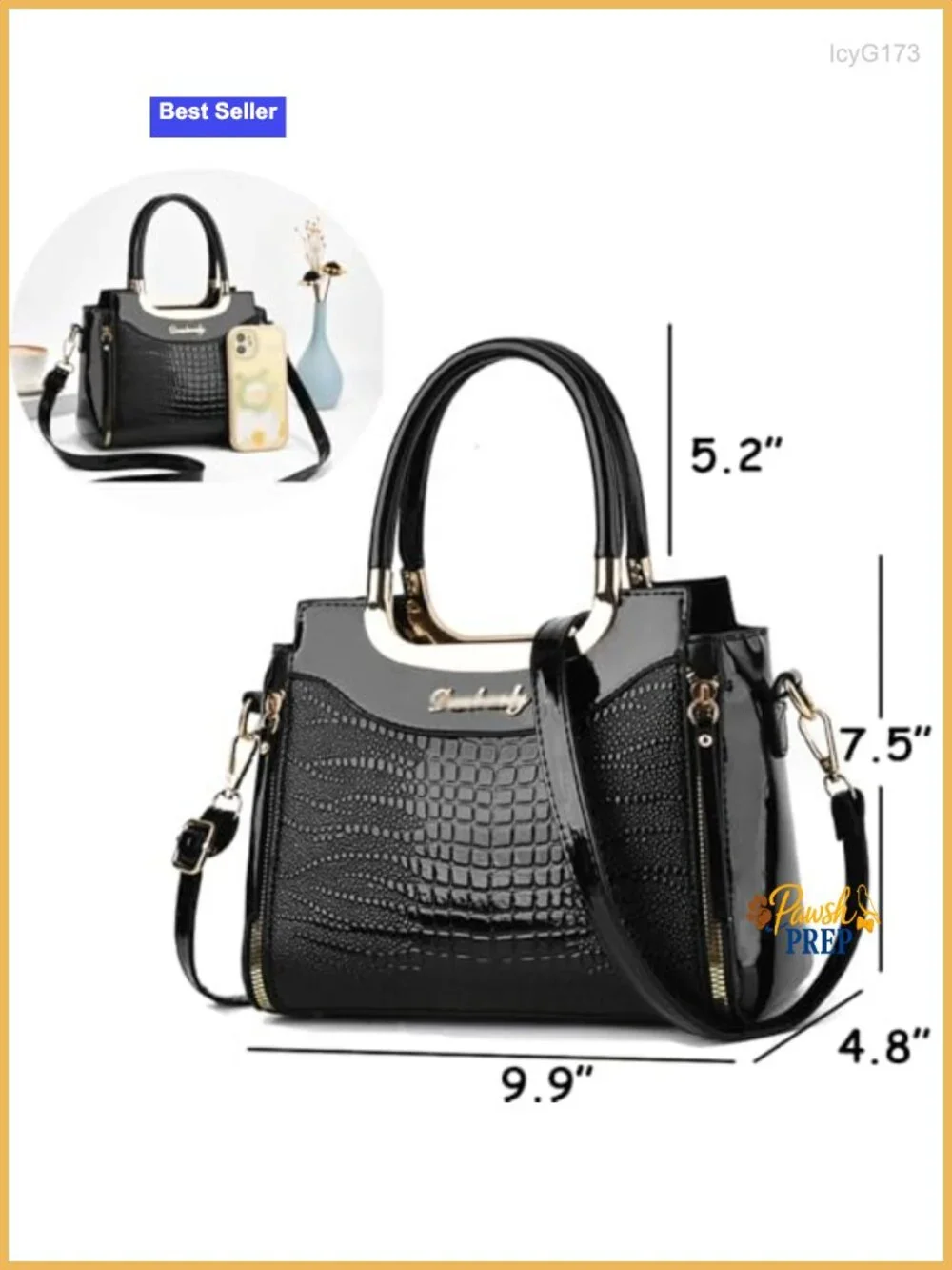 PU Patent Leather Crocodile Pattern Satchel Handbag Women Shoulder Crossbody